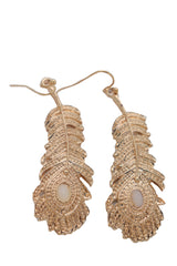 Hook Earrings Gold Metal Bird Feather Peacock White Beads