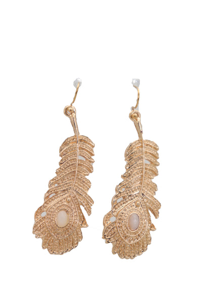 Brand New Women Hook Earrings Fashion Jewelry Gold Metal Bird Feather Peacock White Beads
