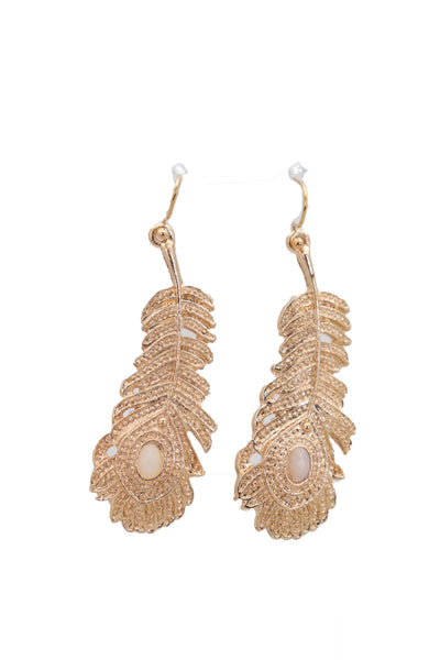Brand New Women Hook Earrings Fashion Jewelry Gold Metal Bird Feather Peacock White Beads