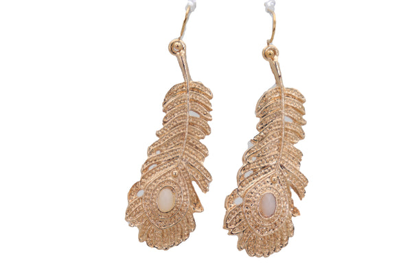 Brand New Women Hook Earrings Fashion Jewelry Gold Metal Bird Feather Peacock White Beads