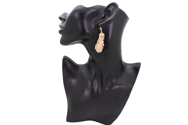 Brand New Women Hook Earrings Fashion Jewelry Gold Metal Bird Feather Peacock White Beads