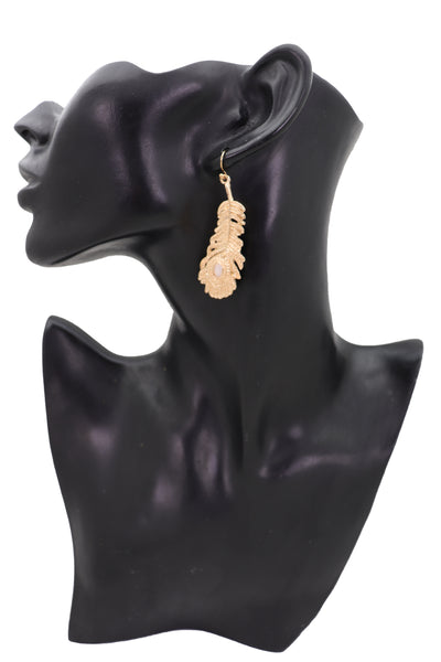 Brand New Women Hook Earrings Fashion Jewelry Gold Metal Bird Feather Peacock White Beads