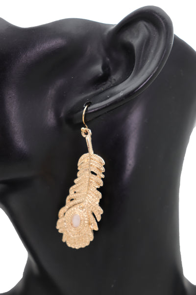 Brand New Women Hook Earrings Fashion Jewelry Gold Metal Bird Feather Peacock White Beads