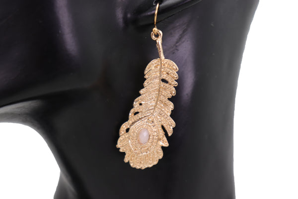 Brand New Women Hook Earrings Fashion Jewelry Gold Metal Bird Feather Peacock White Beads