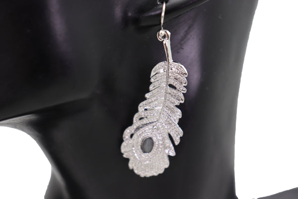 Brand New Women Hook Earrings Fashion Jewelry Silver Metal Bird Feather Peacock Gray Beads