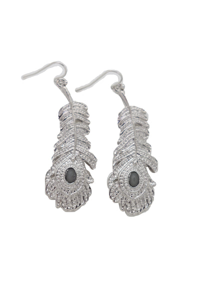 Brand New Women Hook Earrings Fashion Jewelry Silver Metal Bird Feather Peacock Gray Beads