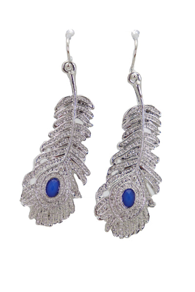 Brand New Women Hook Earrings Fashion Jewelry Silver Metal Bird Feather Peacock Blue Beads