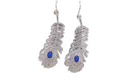 Rhinestone & Blue Bead Peacock Feather Earrings