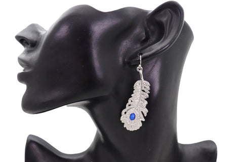 Brand New Women Hook Earrings Fashion Jewelry Silver Metal Bird Feather Peacock Blue Beads