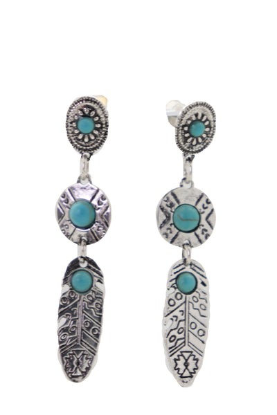 Brand New Women Earrings Ethnic Silver Metal Native Feathers Jewelry Turquoise Blue Beads