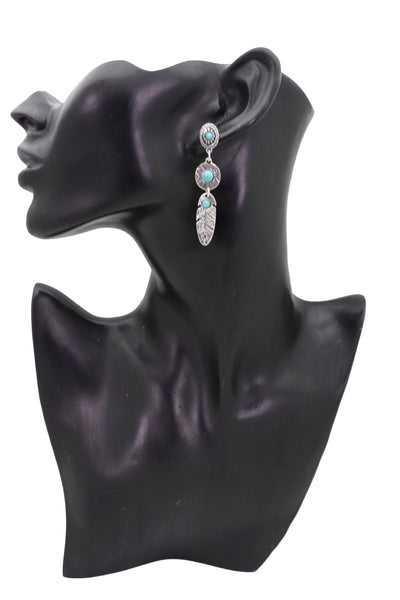 Brand New Women Earrings Ethnic Silver Metal Native Feathers Jewelry Turquoise Blue Beads