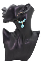 Gold Metal Hoop Earrings Set Western Turquoise Blue Beads