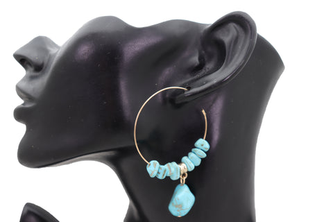 Brand New Women Gold Metal Hoop Earrings Set Western Fashion Jewelry Turquoise Blue Beads