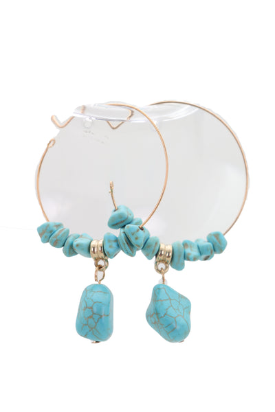 Brand New Women Gold Metal Hoop Earrings Set Western Fashion Jewelry Turquoise Blue Beads