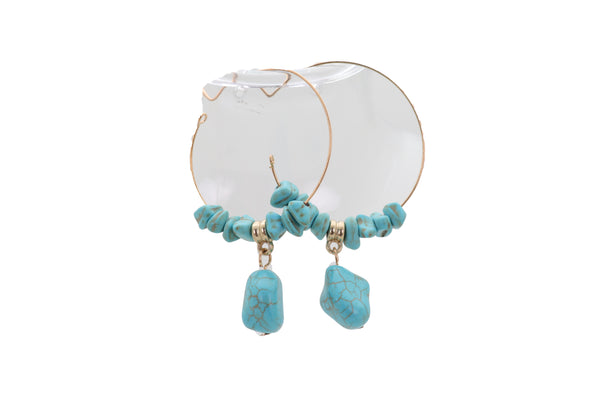 Brand New Women Gold Metal Hoop Earrings Set Western Fashion Jewelry Turquoise Blue Beads