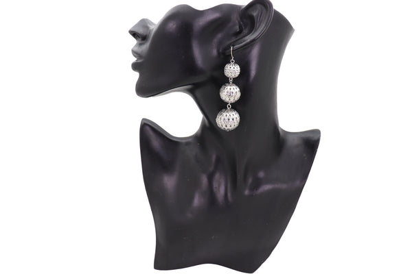 Brand New Women Hook Earrings Set Fashion Jewelry Silver Mesh Metal Disco 3 Balls Dangle
