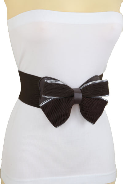 Women Wide Elastic Waistband Brown Big Bow Tie Fashion Belt Hip Waist Zipper Fit Size M L