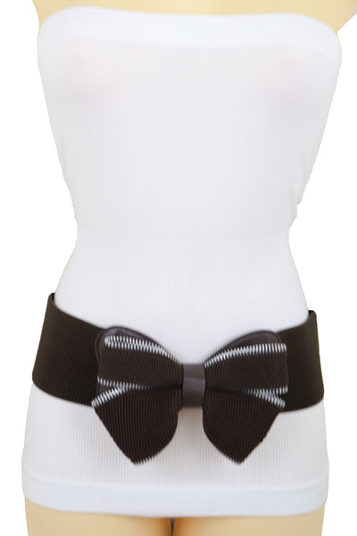 Women Wide Elastic Waistband Brown Big Bow Tie Fashion Belt Hip Waist Zipper Fit Size M L