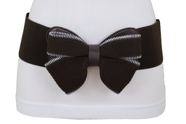 Women Wide Elastic Waistband Brown Big Bow Tie Fashion Belt Hip Waist Zipper Fit Size M L