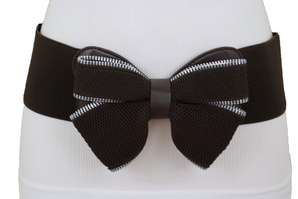 Women Wide Elastic Waistband Brown Big Bow Tie Fashion Belt Hip Waist Zipper Fit Size M L