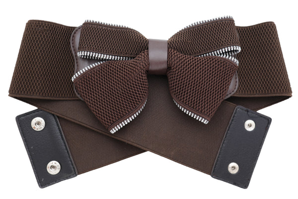 Women Wide Elastic Waistband Brown Big Bow Tie Fashion Belt Hip Waist Zipper Fit Size M L
