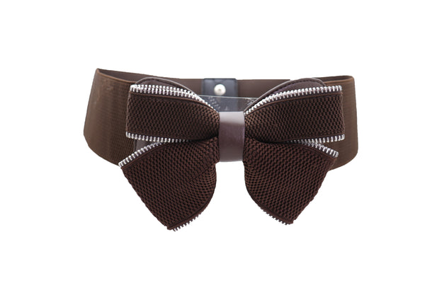 Women Wide Elastic Waistband Brown Big Bow Tie Fashion Belt Hip Waist Zipper Fit Size M L