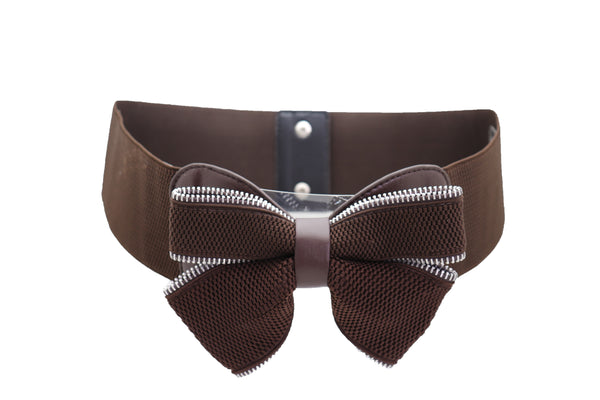Women Wide Elastic Waistband Brown Big Bow Tie Fashion Belt Hip Waist Zipper Fit Size M L