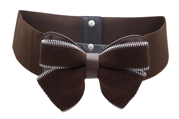 Women Wide Elastic Waistband Brown Big Bow Tie Fashion Belt Hip Waist Zipper Fit Size M L