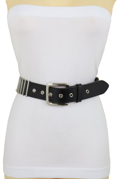 Brand New Women Black Faux Leather Biker Rocker Fashion Hip Belt Silver Metal Stripe Fit Size M