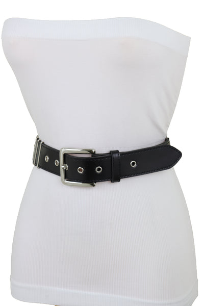 Brand New Women Black Faux Leather Biker Rocker Fashion Hip Belt Silver Metal Stripe Fit Size M