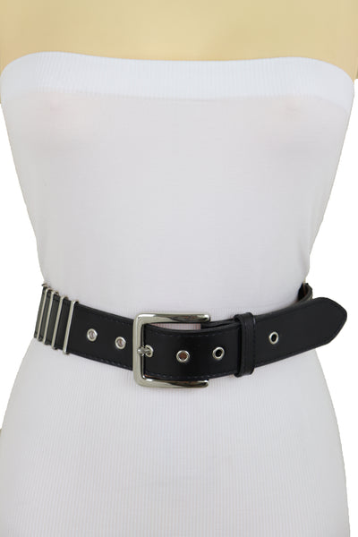 Brand New Women Black Faux Leather Biker Rocker Fashion Hip Belt Silver Metal Stripe Fit Size M