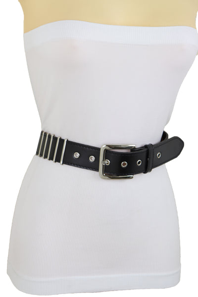 Brand New Women Black Faux Leather Biker Rocker Fashion Hip Belt Silver Metal Stripe Fit Size M