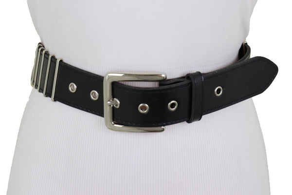 Brand New Women Black Faux Leather Biker Rocker Fashion Hip Belt Silver Metal Stripe Fit Size M