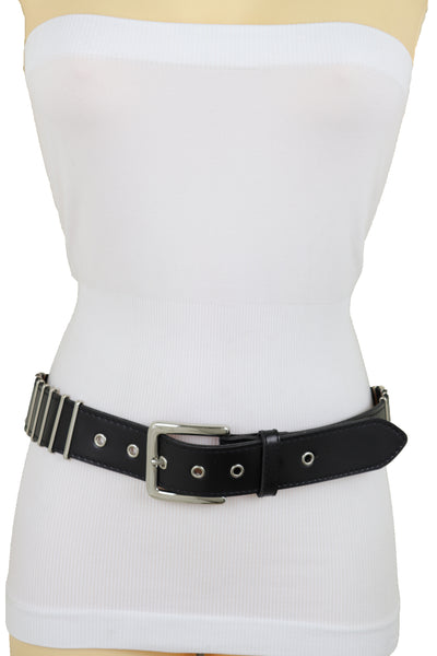 Brand New Women Black Faux Leather Biker Rocker Fashion Hip Belt Silver Metal Stripe Fit Size M