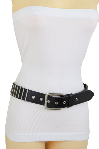 Brand New Women Black Faux Leather Biker Rocker Fashion Hip Belt Silver Metal Stripe Fit Size M