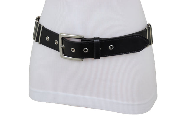 Brand New Women Black Faux Leather Biker Rocker Fashion Hip Belt Silver Metal Stripe Fit Size M