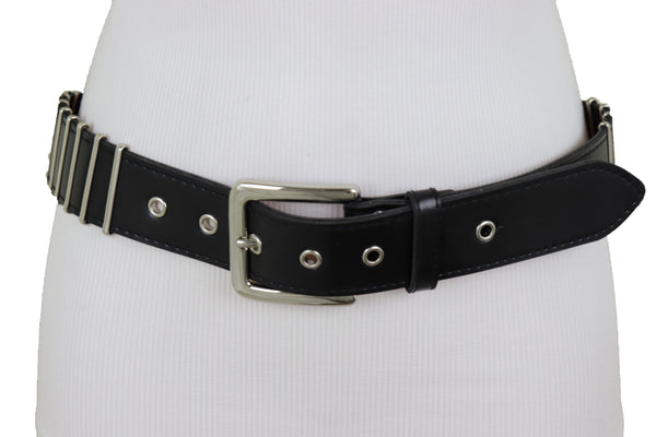 Brand New Women Black Faux Leather Biker Rocker Fashion Hip Belt Silver Metal Stripe Fit Size M