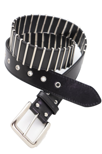 Brand New Women Black Faux Leather Biker Rocker Fashion Hip Belt Silver Metal Stripe Fit Size M