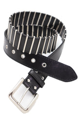 Black Faux Leather Biker Rocker Fashion Hip Belt Silver Metal Stripe Fit Size M