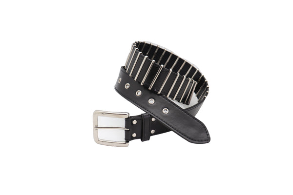 Brand New Women Black Faux Leather Biker Rocker Fashion Hip Belt Silver Metal Stripe Fit Size M