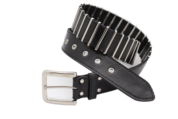 Brand New Women Black Faux Leather Biker Rocker Fashion Hip Belt Silver Metal Stripe Fit Size M