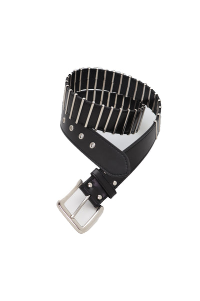 Brand New Women Black Faux Leather Biker Rocker Fashion Hip Belt Silver Metal Stripe Fit Size M