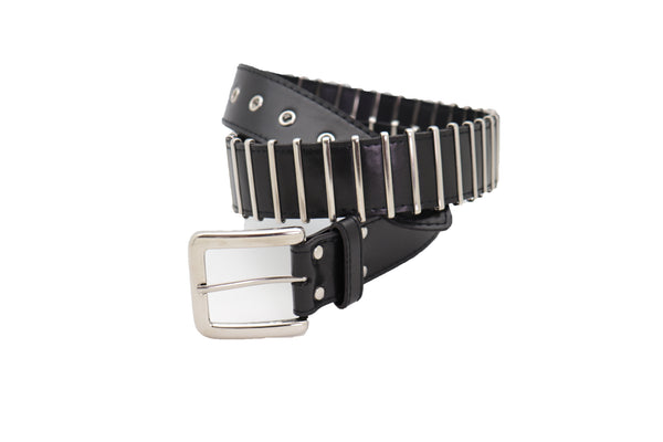 Brand New Women Black Faux Leather Biker Rocker Fashion Hip Belt Silver Metal Stripe Fit Size M