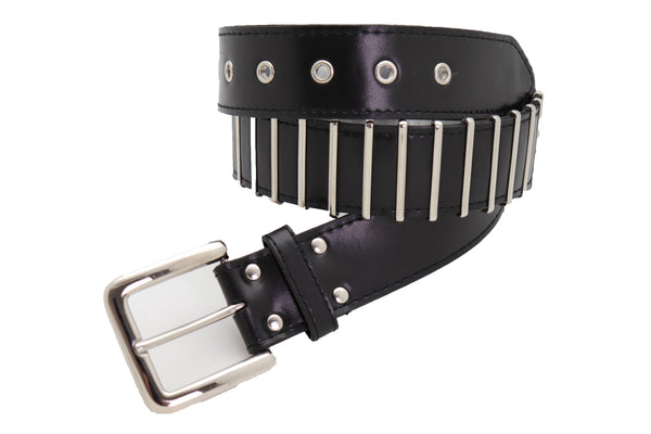 Brand New Women Black Faux Leather Biker Rocker Fashion Hip Belt Silver Metal Stripe Fit Size M