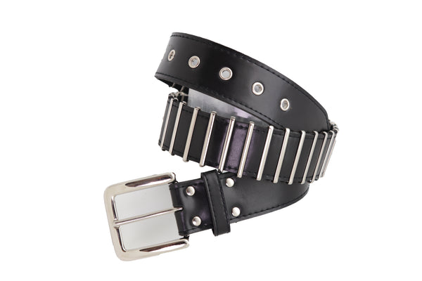 Brand New Women Black Faux Leather Biker Rocker Fashion Hip Belt Silver Metal Stripe Fit Size M