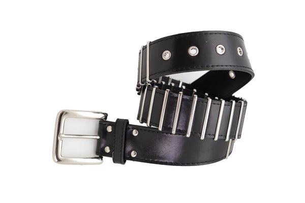Brand New Women Black Faux Leather Biker Rocker Fashion Hip Belt Silver Metal Stripe Fit Size M