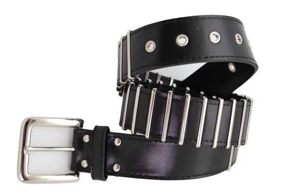 Brand New Women Black Faux Leather Biker Rocker Fashion Hip Belt Silver Metal Stripe Fit Size M