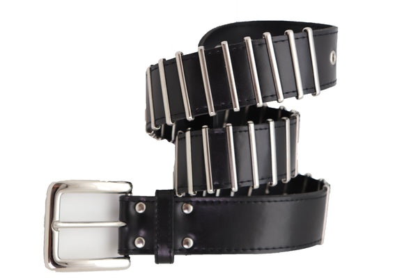 Brand New Women Black Faux Leather Biker Rocker Fashion Hip Belt Silver Metal Stripe Fit Size M