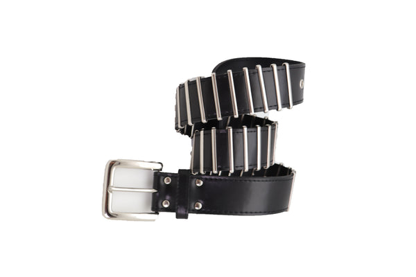 Brand New Women Black Faux Leather Biker Rocker Fashion Hip Belt Silver Metal Stripe Fit Size M