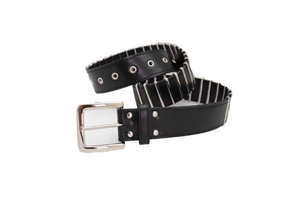 Brand New Women Black Faux Leather Biker Rocker Fashion Hip Belt Silver Metal Stripe Fit Size M